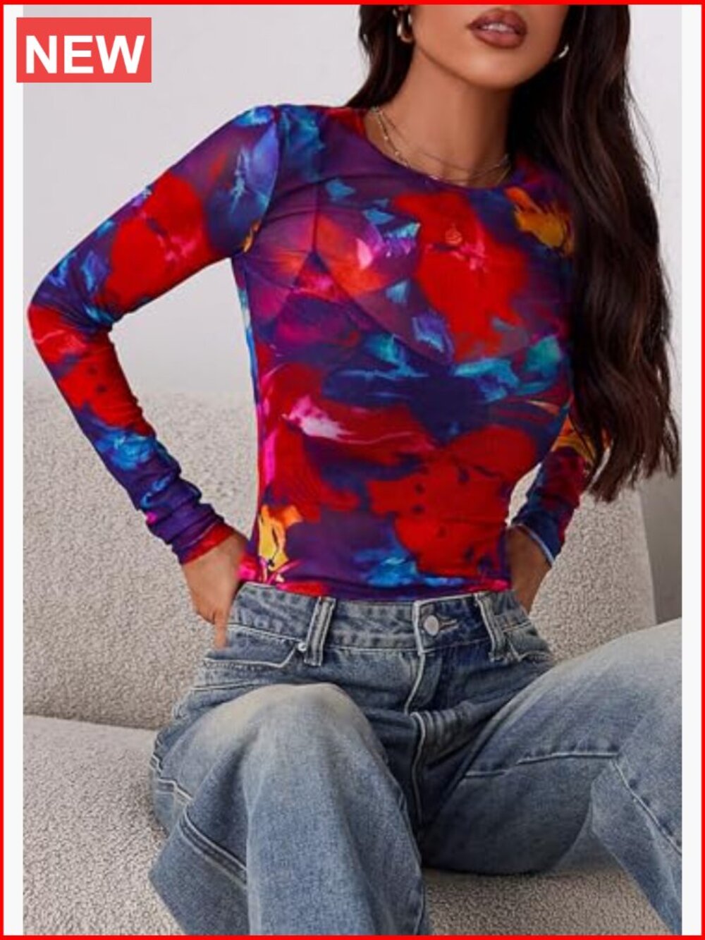 Women's Mesh Long Sleeve Sheer Blouse Going Out Layering Shirt - Picture 6 of 7